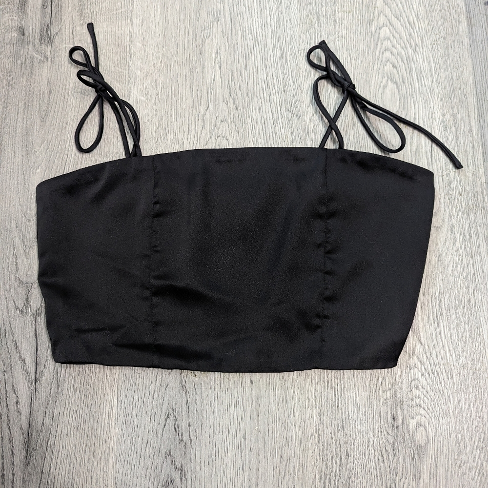 Twik Black Satin Tie Strap Crop Top Size S Balletcore Coquette Goth Cami